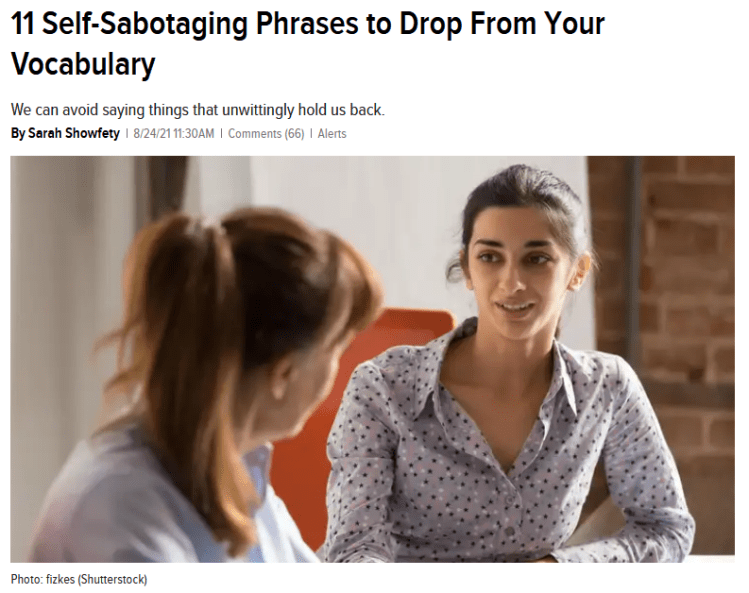 Screenshot of the Lifehacker article being discussed, "11 Self-Sabotaging Phrases to Drop From Your Vocabulary"; two women sitting and having a conversation.